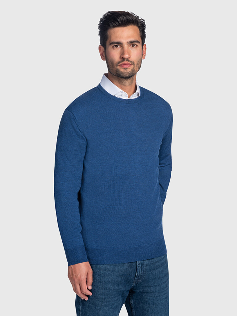 Mens Needle Rib polo neck jumper sweater in Moray blue - The Croft
